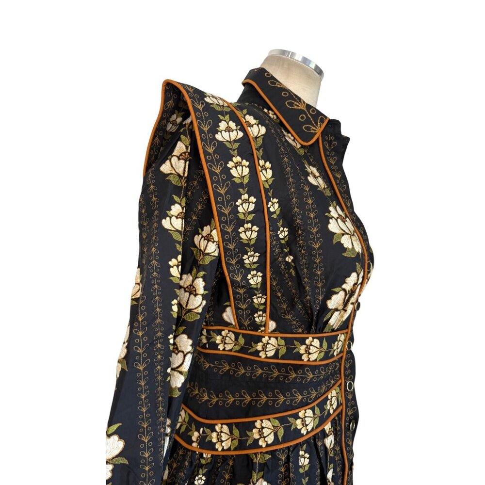 Farm Rio Topstitching Long Sleeve Mini Dress in Black Embroidered Flower Small - Picture 9 of 14